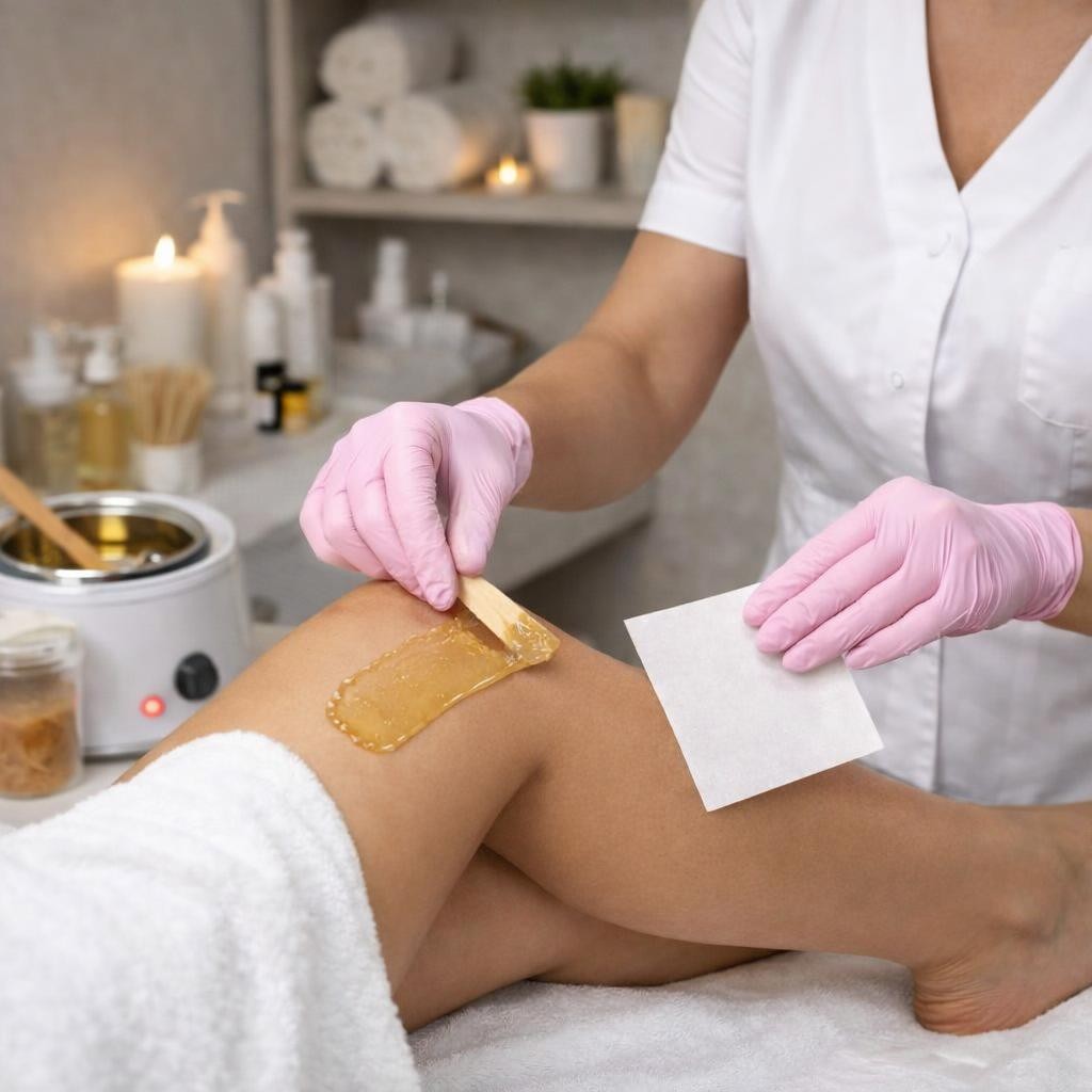 Beautician wearing pink gloves applying warm wax on client's leg with a wooden spatula
