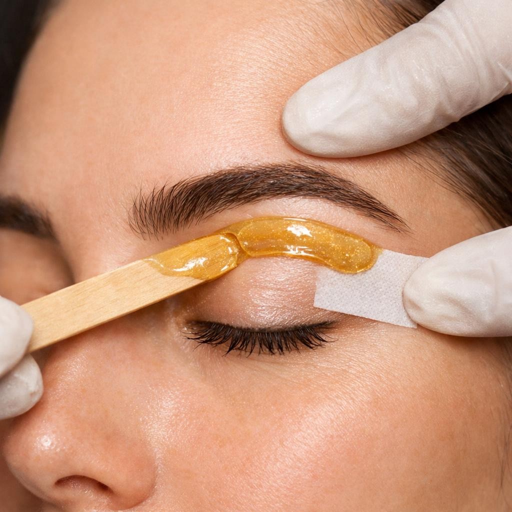 Applying golden wax strip for eyebrow shaping