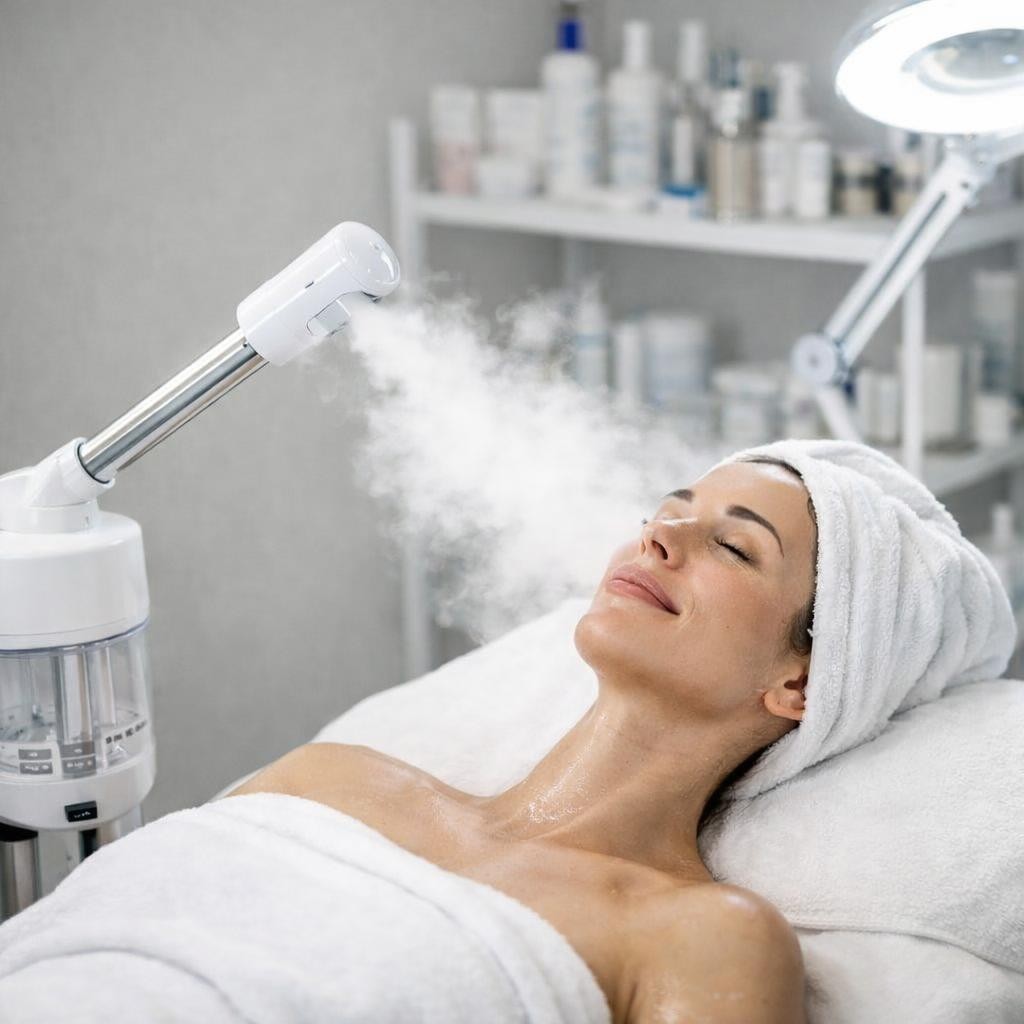Woman receiving facial steaming treatment with steam machine