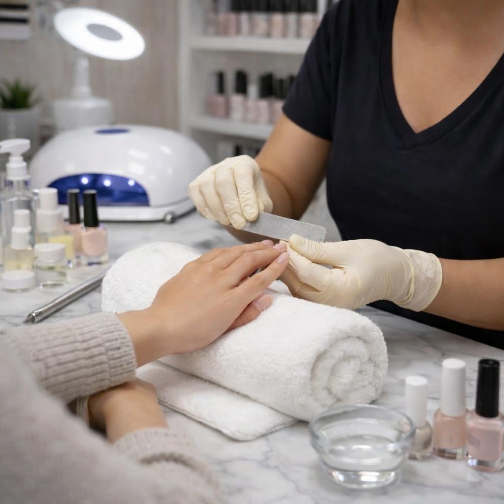 Manicurist wearing pink gloves filing client's nails over a white towel