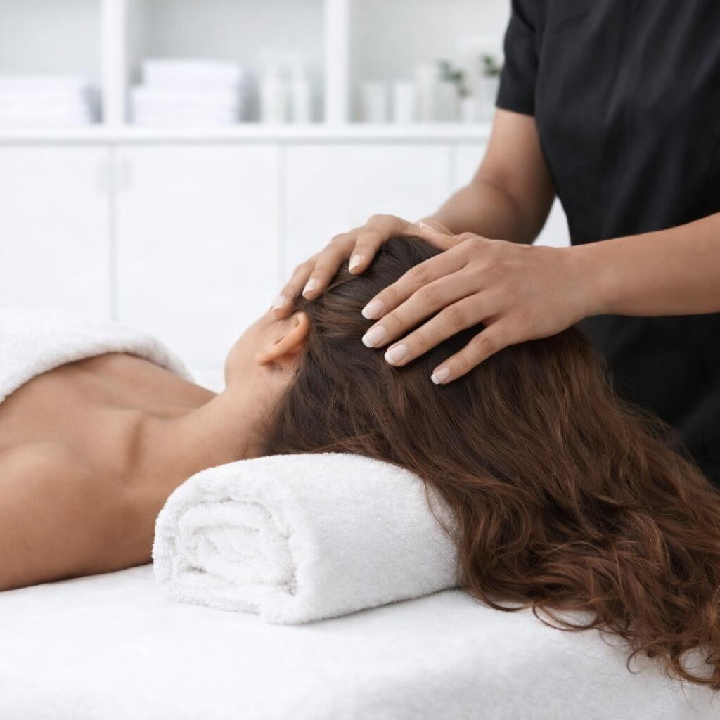 Person receiving a head massage with hands gently pressing the scalp in a warm, candlelit environment