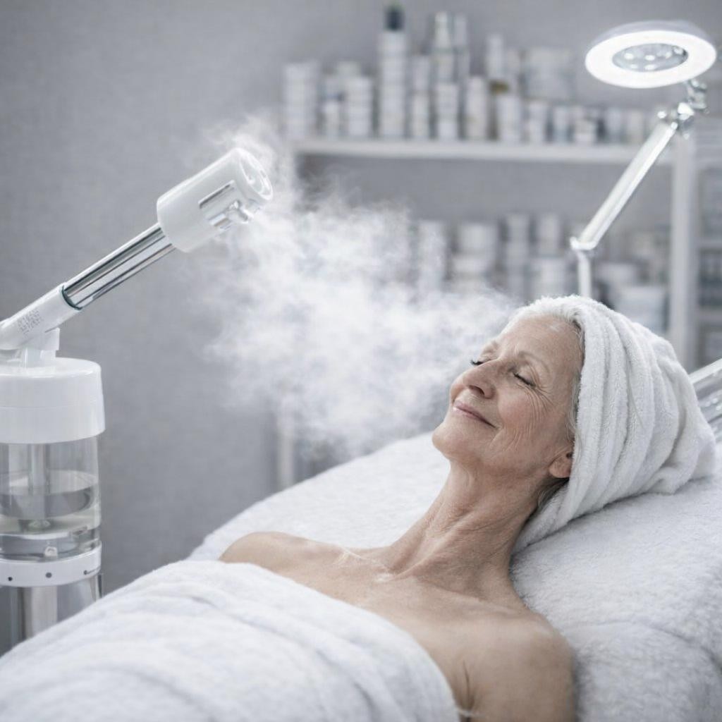 Facial Steaming Treatment in Spa Woman receiving facial steaming treatment with steam machine
