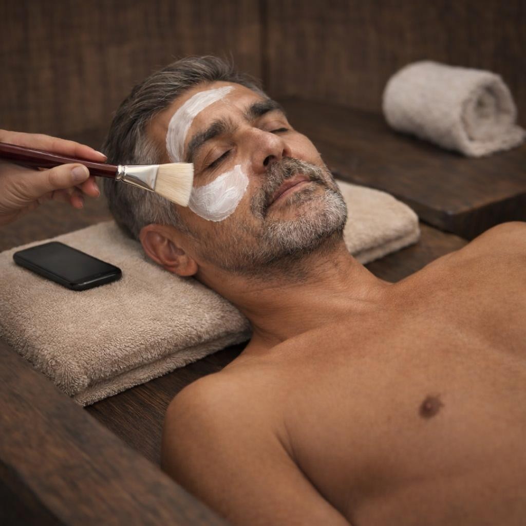 Man receiving facial mask treatment with grooming service options listed